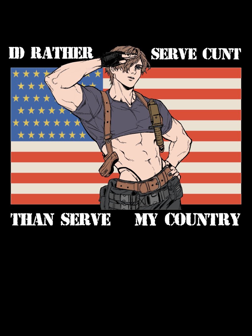1boy, abs, american_flag, bara, belt, black_gloves, black_nails, black_pants, black_shirt, brown_belt, brown_hair, cropped_shirt, english_text, fingerless_gloves, gloves, highres, hihazuki, holster, holstered, knife_sheath, large_pectorals, leon_s._kennedy, male_focus, muscular, muscular_male, nail_polish, navel, pants, pectorals, resident_evil, resident_evil_4, resident_evil_4_(remake), sheath, shirt, short_hair, shoulder_holster, solo