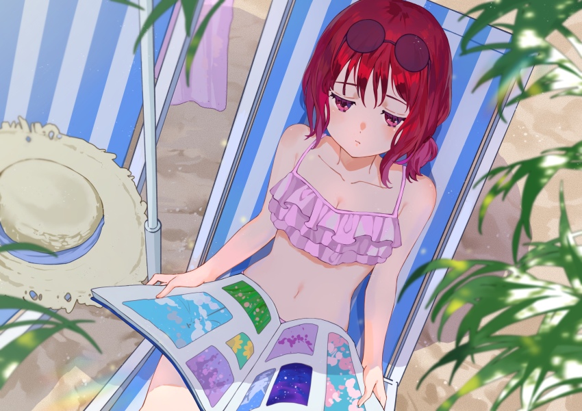 1girl, absurdres, arima_kana, bare_shoulders, bikini, blurry, blurry_foreground, breasts, chinese_commentary, cleavage, collarbone, commentary, eyewear_on_head, film_grain, frilled_bikini, frills, hat, highres, low_side_ponytail, magazine_(object), medium_breasts, medium_hair, navel, oshi_no_ko, outdoors, pink_bikini, plant, red_eyes, red_hair, round_eyewear, shade, shadow, side_ponytail, solo, stomach, sun_hat, sunglasses, swimsuit, unworn_hat, unworn_headwear, xiang_yu_pai