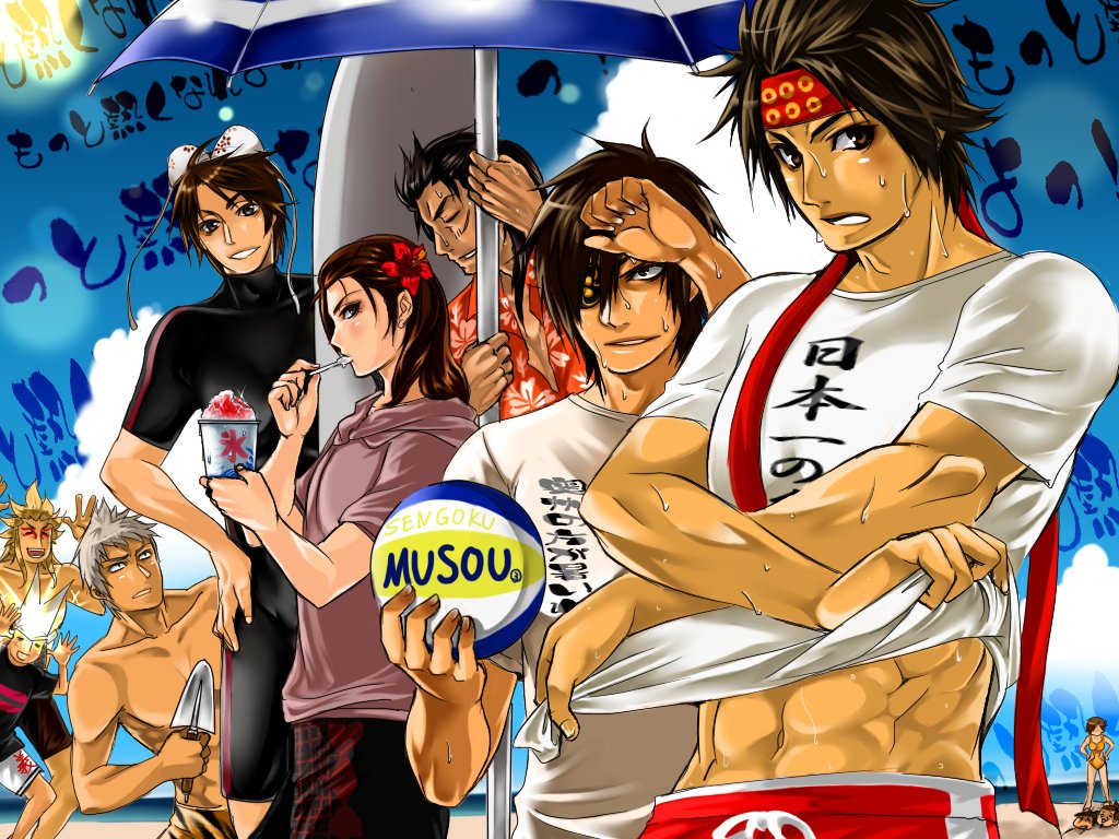 abs, beach, bikini, bikini_top_only, blonde_hair, brown_eyes, brown_hair, character_request, chibi, closed_eyes, date_masamune_(sengoku_musou), eyepatch, flower, grey_hair, hair_ornament, hands_on_own_hips, headband, ishida_mitsunari_(sengoku_musou), kai_(sengoku_musou), kato_kiyomasa_(sengoku_musou), long_hair, maeda_keiji_(sengoku_musou), muscular, naoe_kanetsugu_(sengoku_musou), nene_(sengoku_musou), sakichi6891, sanada_yukimura_(sengoku_musou), sengoku_musou, sengoku_musou_3, shima_sakon_(sengoku_musou), sweat, swimsuit, tachibana_muneshige_(sengoku_musou)