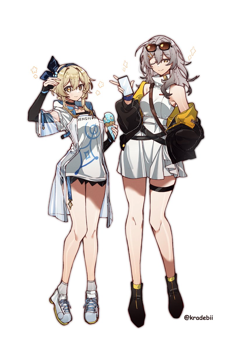 2girls, armpit_crease, bare_legs, bare_shoulders, black_choker, black_footwear, black_hairband, black_jacket