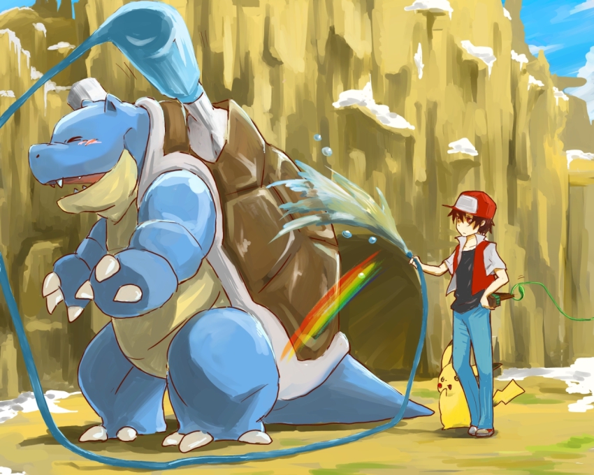 1990s_(style), 1boy, bad_id, bad_pixiv_id, baseball_cap, black_hair, blastoise, brush, closed_eyes, gen_1_pokemon, hat, hose, natsuno_hamuto, nintendo, pikachu, plant, pokemon, pokemon_(creature), pokemon_gold/silver/crystal, pokemon_red/green/blue/yellow, rainbow, red_(pokemon), red_eyes, retro_artstyle, snow, teto2028, vines, water