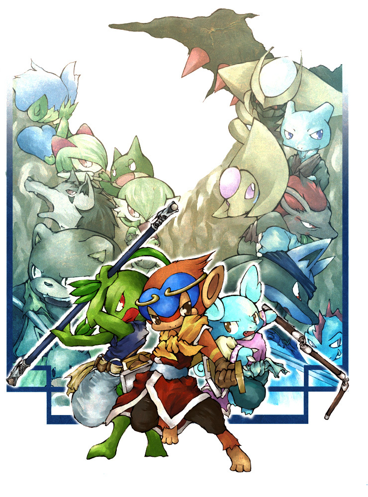 alternate_color, alternate_form, circlet, clothed_pokemon, cosplay, cresselia, feraligatr, flik_(cosplay), flik_(suikoden), gardevoir, gen_1_pokemon, gen_2_pokemon, gen_3_pokemon, gen_4_pokemon, gen_5_pokemon, gensou_suikoden, gensou_suikoden_ii, giratina, giratina_(altered), grovyle, jowy_atreides-blight, jowy_atreides-blight_(cosplay), kirlia, legendary_pokemon, lucario, mewtwo, monferno, munchlax, nanami_(cosplay), nanami_(suikoden), nanami_(suikoden)_(cosplay), nanami_nanami_(suikoden)_(cosplay), nintendo, parody, pokemon, pokemon_diamond/pearl/platinum, pokemon_gold/silver/crystal, pokemon_red/green/blue/yellow, pokemon_ruby/sapphire/emerald, redtrain, riou_(cosplay), riou_(suikoden), roserade, shiny_pokemon, shu_(suikoden), shu_(suikoden)_(cosplay), staff, three_section_staff, tonfa, viktor_(cosplay), viktor_(suikoden), wartortle, weapon, zoroark