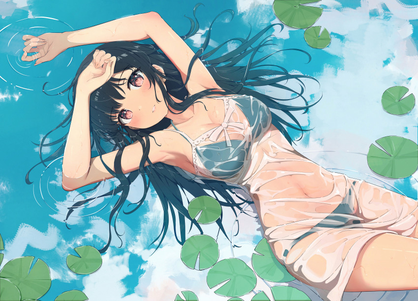 absurdres, arm_above_head, arm_on_own_head, armpits, arms_up, bikini, black_hair, blush