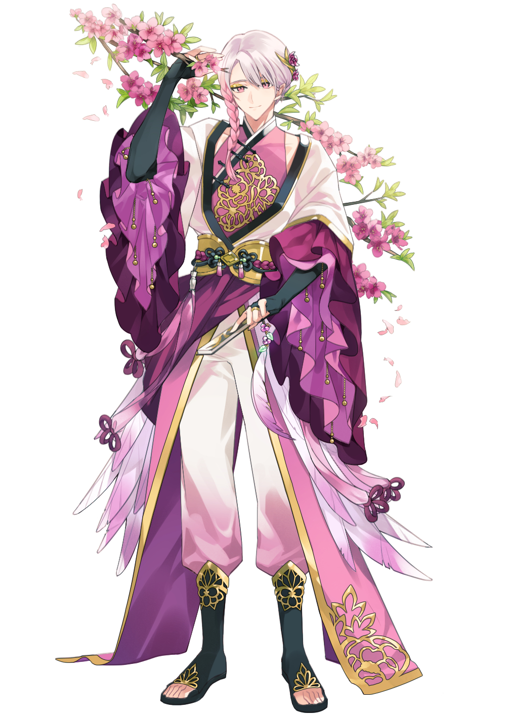 1boy, alternate_costume, azalea_(flower), beads, belt, black_boots, black_bridal_gauntlets, boots