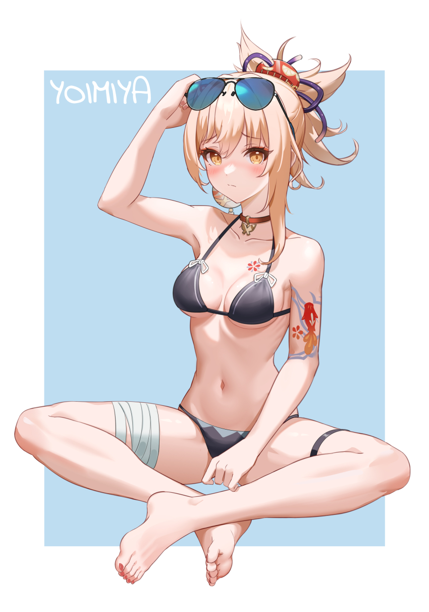 1girl, absurdres, arm_tattoo, arm_up, bandage_on_leg, barefoot, bikini, black_bikini