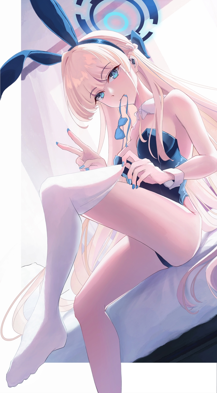 1girl, absurdres, animal_ears, bare_arms, bare_shoulders, blonde_hair, blue_archive, blue_eyes