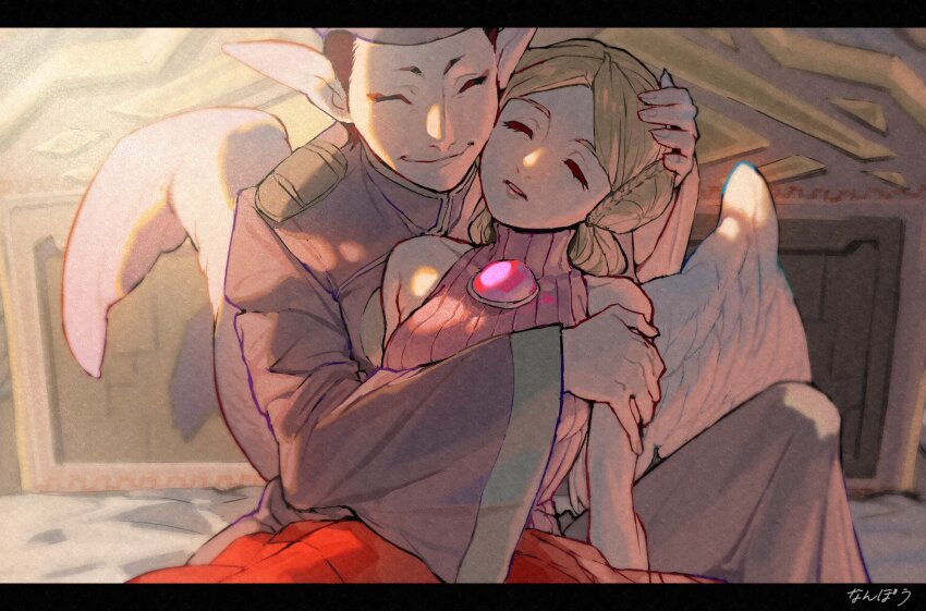 1boy, 1girl, angel_wings, animal_ears, bed, blonde_hair, border, breasts