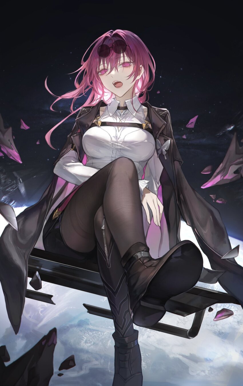 1girl, arm_support, black_footwear, black_jacket, black_pantyhose, black_shorts, breasts, butterfly_ornament