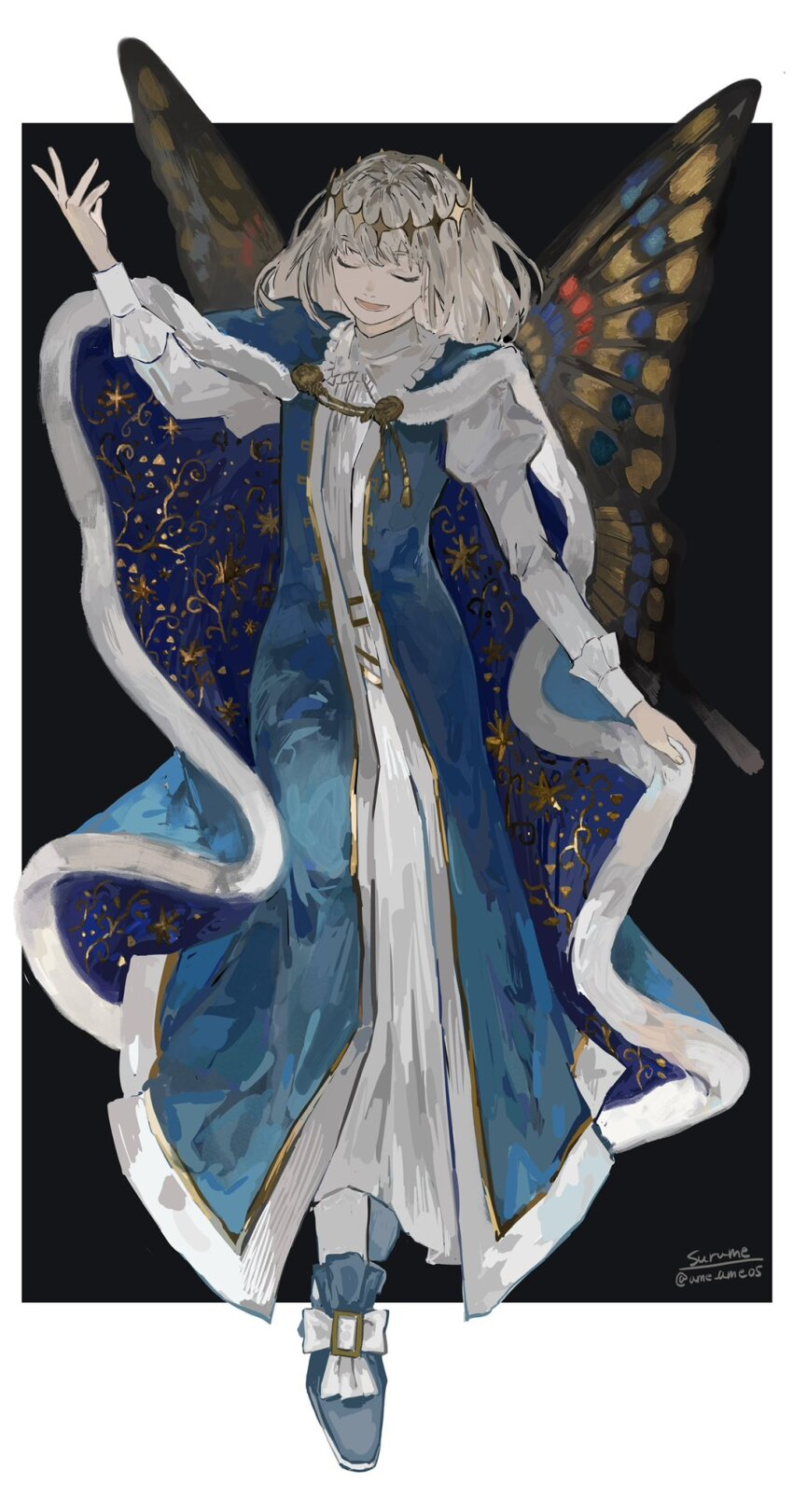 1boy, arthropod_boy, artist_name, black_background, blue_cloak, butterfly_wings, cloak, closed_eyes