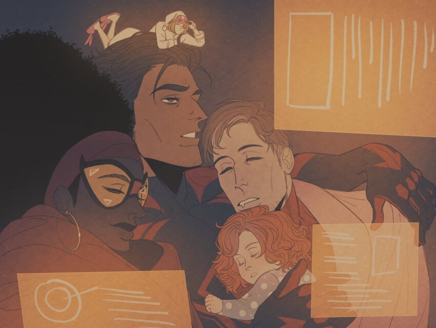 2boys, 3girls, afro, animal_print, baby, bandana, blanket, blue_bodysuit