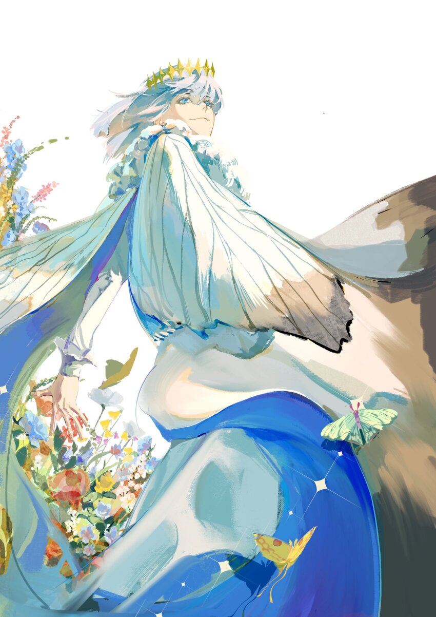 1boy, arthropod_boy, blue_cloak, blue_eyes, bug, butterfly, butterfly_wings, cloak