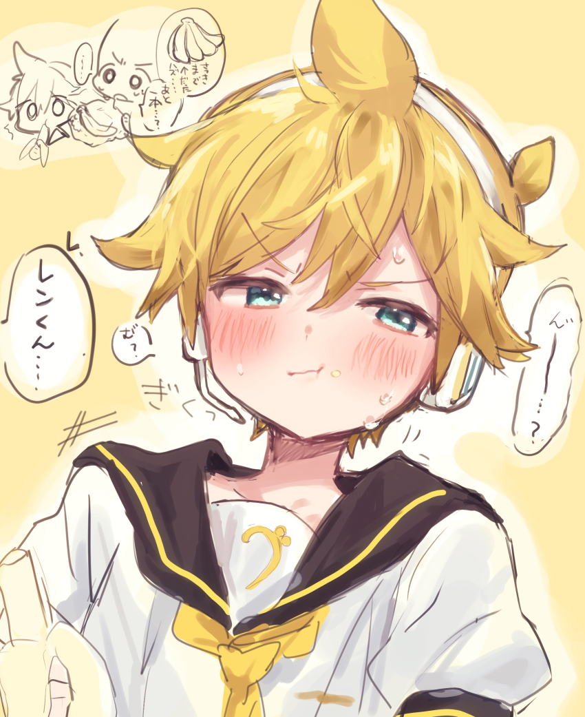1boy, absurdres, banana, bass_clef, black_sailor_collar, blonde_hair, blue_eyes, blush, food, fruit, headset, highres, kagamine_len, male_focus, necktie, partially_translated, ponytail, pout, sailor_collar, sat00e, short_ponytail, short_sleeves, solo, translation_request, vocaloid, yellow_necktie