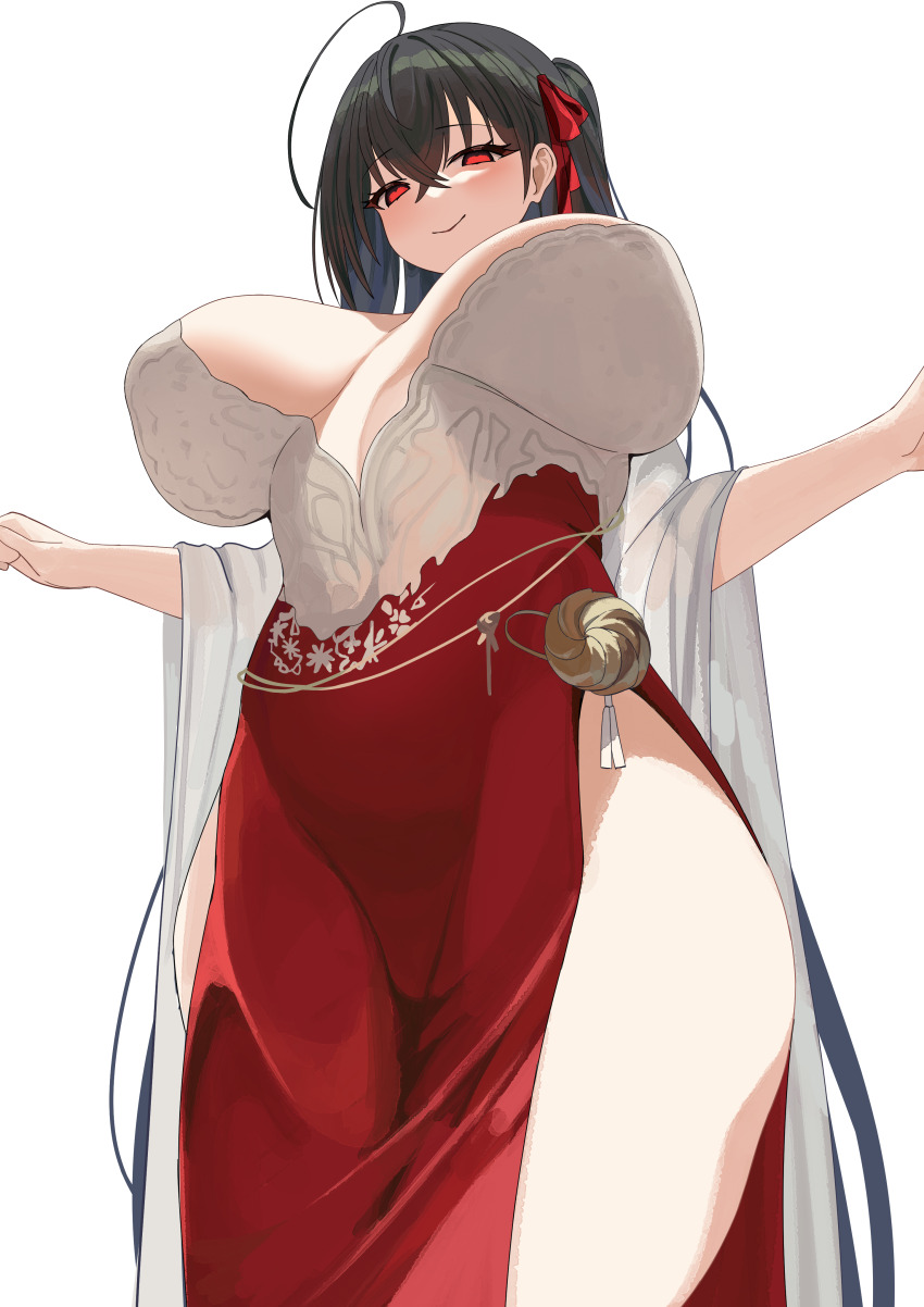 1girl, absurdres, ahoge, azur_lane, black_hair, blush, breasts, crossed_bangs, dress, hair_ribbon, heart, heart-shaped_pupils, highres, huge_breasts, long_hair, red_dress, red_eyes, red_ribbon, ribbon, simple_background, smile, solo, symbol-shaped_pupils, taihou_(azur_lane), taihou_(u-treasure)_(azur_lane), tnr_(horiko1525), very_long_hair, white_background