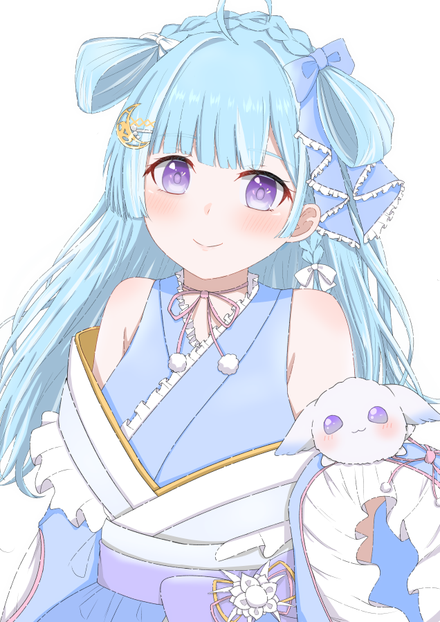 1girl, :3, amaui, animal, blue_bow, blue_hair, blue_kimono, blunt_bangs