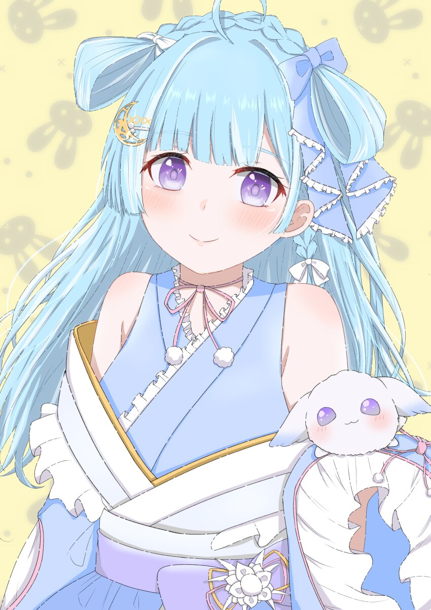 1girl, :3, absurdres, amaui, animal, animal_print, blue_bow, blue_hair