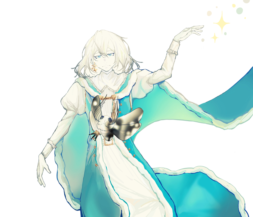 1boy, absurdres, blanca_(fate), blue_cloak, blue_eyes, bug, cloak, cowboy_shot