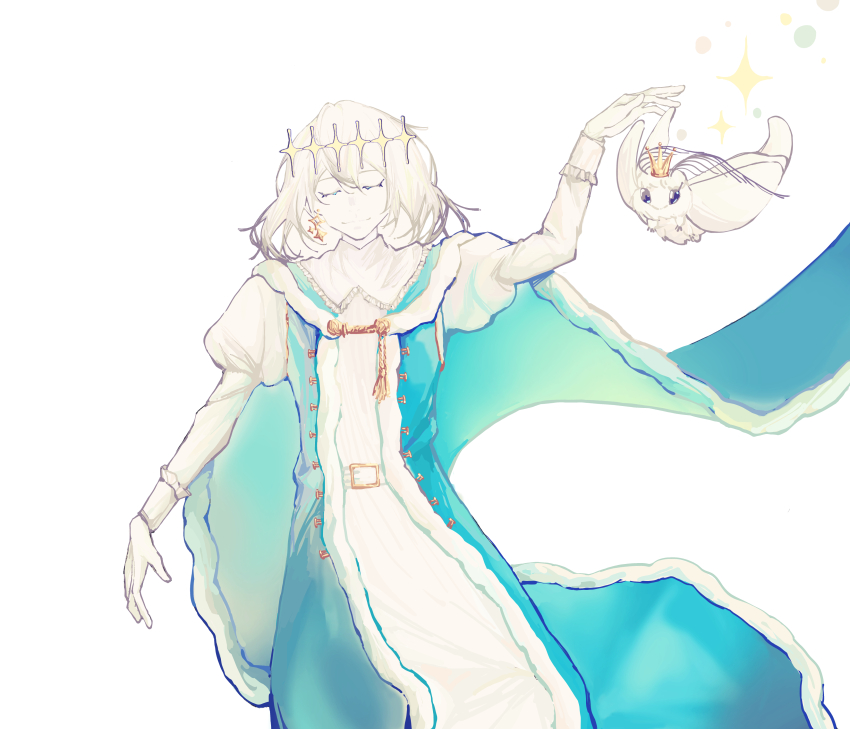 1boy, absurdres, blanca_(fate), blue_cloak, bug, cloak, closed_eyes, cowboy_shot