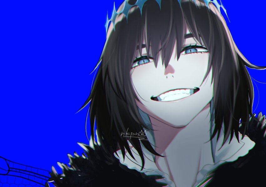 1boy, arthropod_boy, black_hair, blue_background, blue_eyes, cape, crown, diamond_hairband