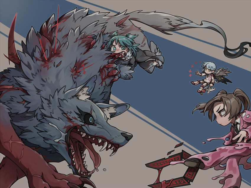 1boy, 2girls, adoration_(e.g.o), aqua_hair, armor, big_and_will_be_bad_wolf, biting, black_necktie