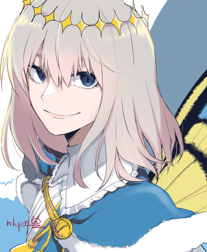 1boy, arthropod_boy, blue_cloak, blue_eyes, butterfly_wings, cloak, crown, diamond_hairband
