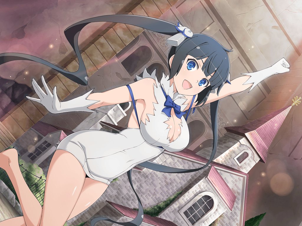 1girl, arm_ribbon, barefoot, black_hair, blue_eyes, blue_ribbon, blush, breasts, building, bush, cleavage, cleavage_cutout, clenched_hand, clothing_cutout, crossover, dress, dungeon_ni_deai_wo_motomeru_no_wa_machigatteiru_darou_ka, fence, gloves, hair_ornament, hair_ribbon, hestia_(danmachi), large_breasts, long_hair, looking_at_viewer, official_art, open_mouth, pencil_dress, post_and_rail_fence, rei_no_himo, ribbon, senran_kagura, senran_kagura_new_link, short_dress, smile, solo, third-party_source, twintails, white_dress, white_gloves, window, yaegashi_nan