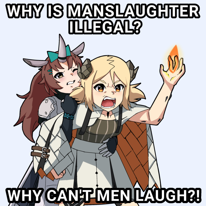 2girls, angry, animal_ears, arknights, arm_grab, arm_up, armor, black_gloves