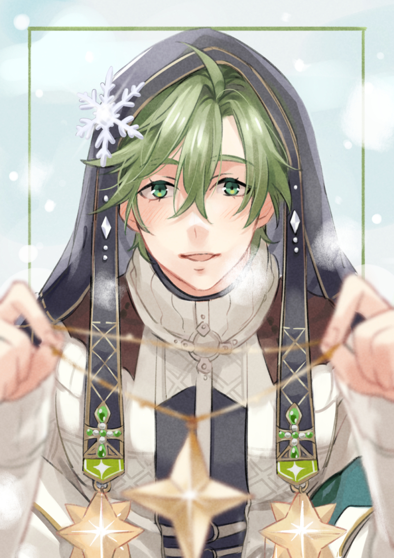1boy, blush, green_eyes, green_hair, habit, hair_ornament, jewelry, long_sleeves