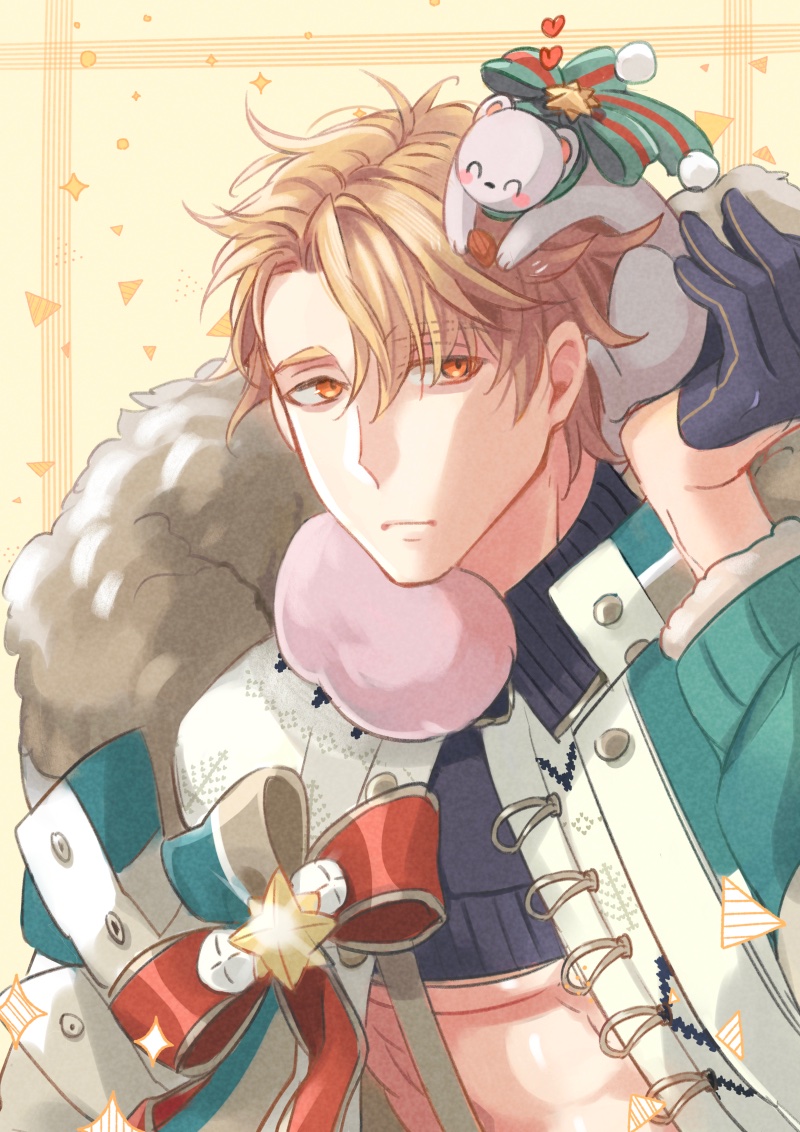 1boy, bags_under_eyes, bishounen, black_gloves, blonde_hair, ermine, ferret, fur_trim