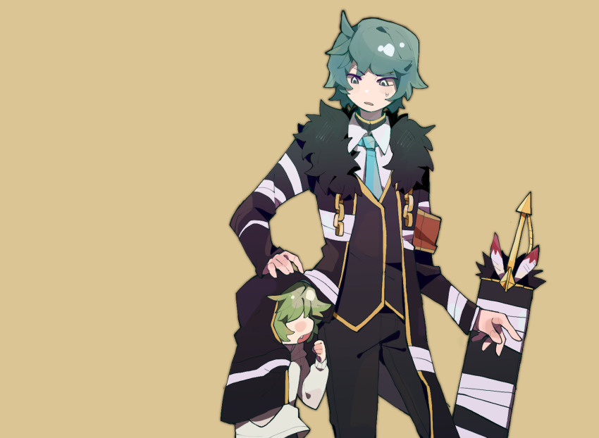 2boys, age_difference, aqua_hair, armband, black_coat, black_pants, black_vest, blue_necktie