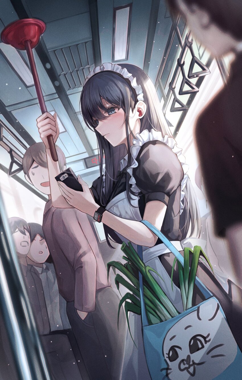 1girl, absurdres, apron, bag, black_dress, black_hair, blush, dress