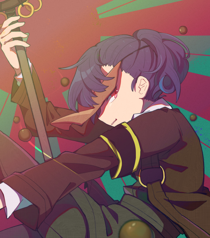 1girl, amrita_(e.g.o), armband, black_armband, blue_hair, brown_coat, chinese_commentary, coat