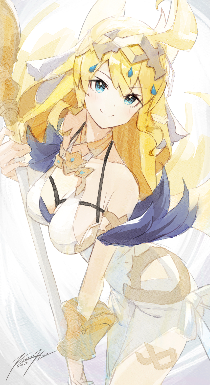 1girl, ahoge, bare_shoulders, blonde_hair, blue_eyes, breasts, cleavage, dragalia_lost