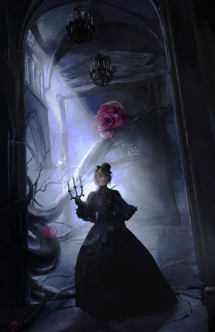 1girl, absurdres, black_dress, black_headwear, blonde_hair, blue_eyes, branch, candelabra, candle, candlestand, chandelier, dark, dress, flower, hat, highres, holding, holding_candle, indoors, lord_of_the_mysteries, mini_hat, moonlight, mother_tree_of_desire, owl_taro, painting_(object), plant_roots, sharron_(lord_of_the_mysteries), window