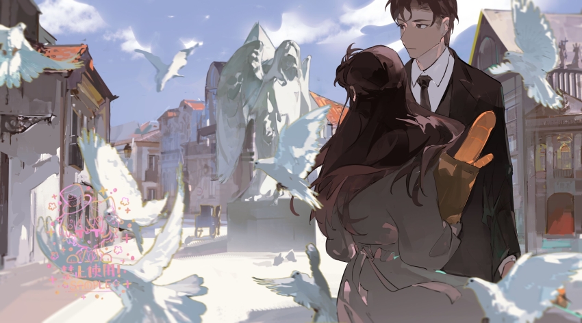 1boy, 1girl, absurdres, bag, benson_moretti, bird, black_hair, black_jacket, black_necktie, bread, brother_and_sister, brothers, building, carriage, chinese_commentary, cloud, commentary_request, damohuangtang, day, door, dove, dress, food, highres, holding, holding_bag, horse, jacket, long_hair, looking_at_another, looking_back, lord_of_the_mysteries, melissa_moretti, necktie, outdoors, paper_bag, sample_watermark, shaded_face, shadow, shirt, short_hair, siblings, statue, watermark, white_dress, white_shirt