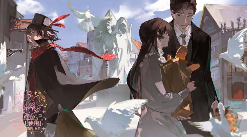 1girl, 2boys, absurdres, bag, benson_moretti, bird, black_hair, black_headwear