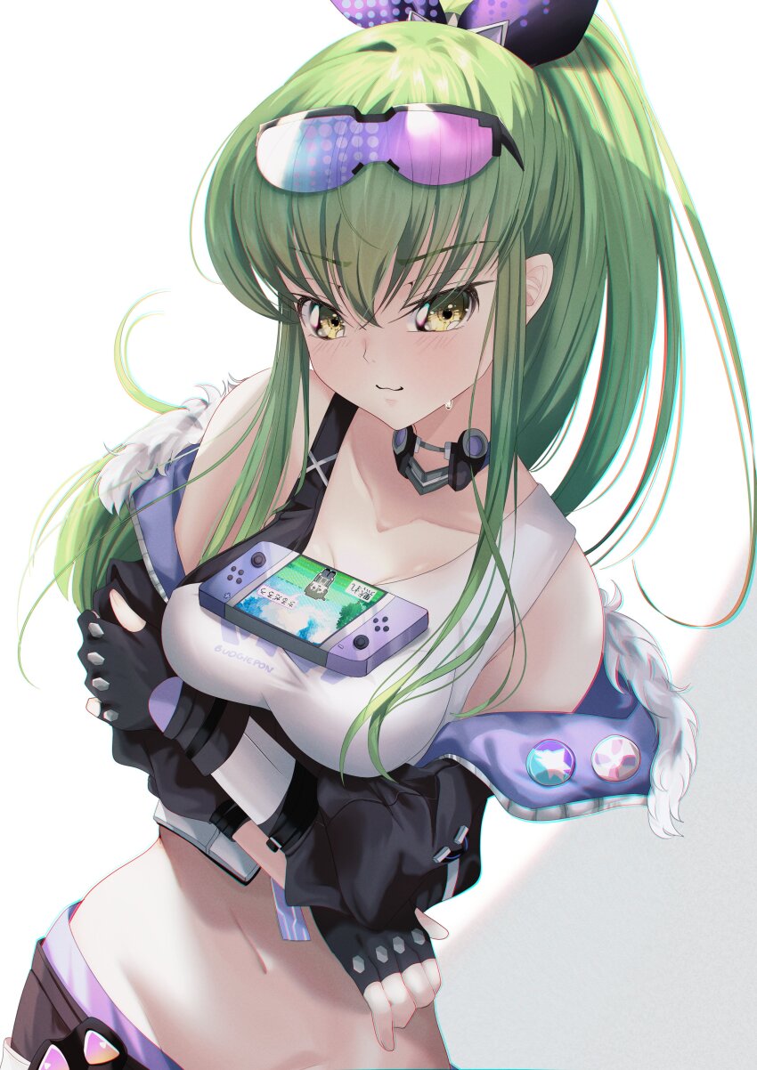 1girl, :3, absurdres, bare_shoulders, black-framed_eyewear, black_choker, black_gloves, black_jacket