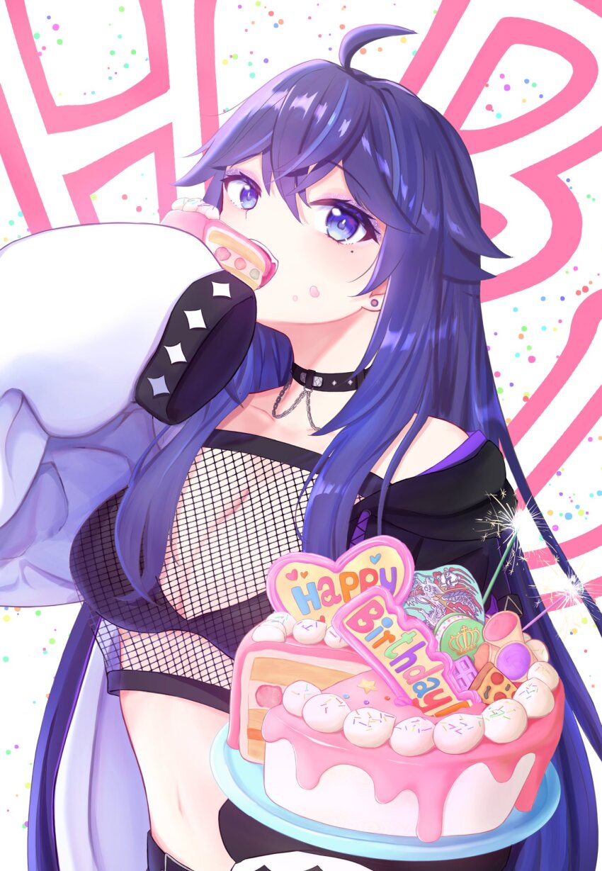 1girl, ahoge, belt, birthday_cake, black_belt, black_bra, black_choker, black_hoodie