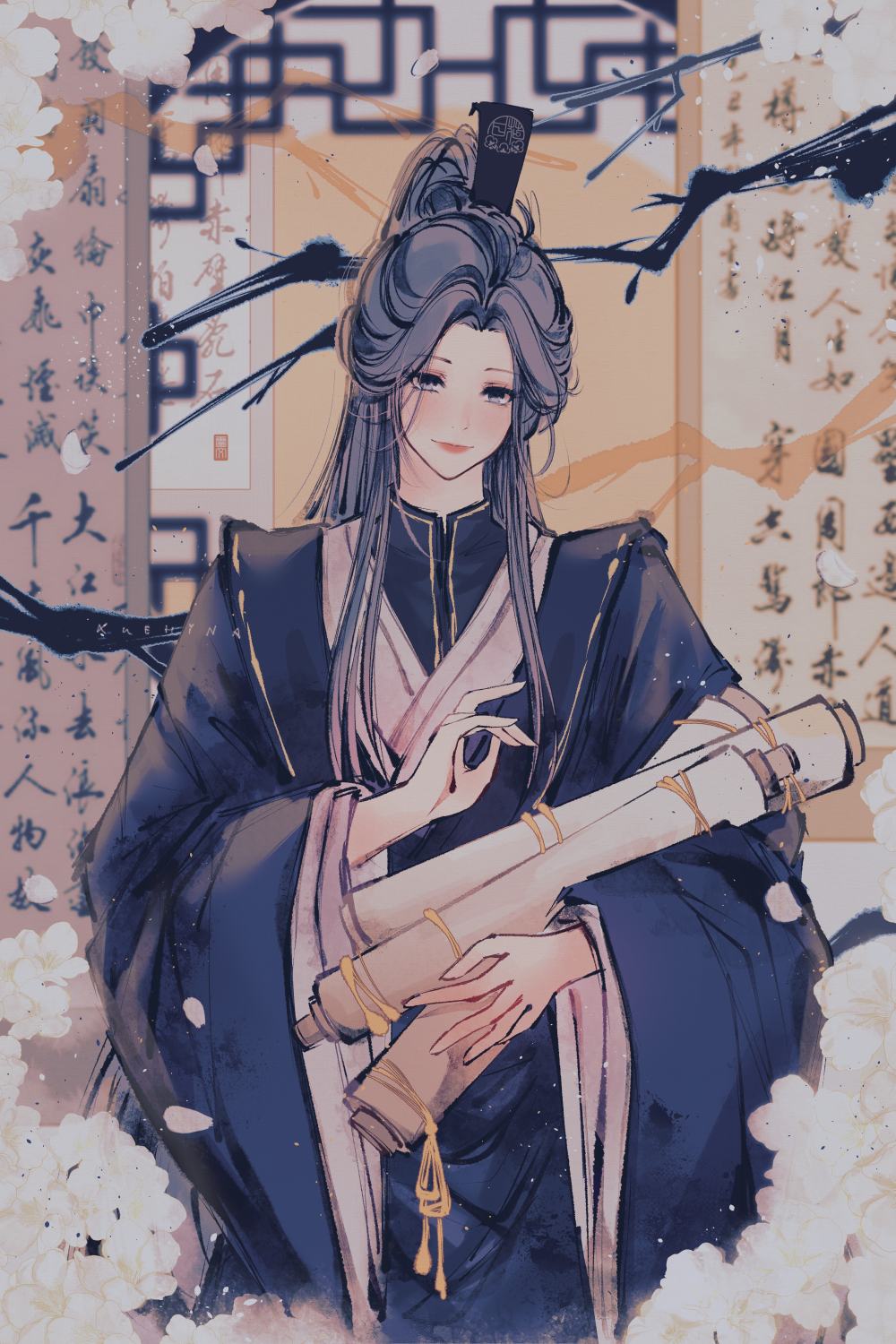 1girl, blush, chinese_clothes, chocolat_(momoiro_piano), grey_hair, hair_ornament, hanfu, highres, ling_wen, long_hair, looking_at_viewer, scroll, solo, standing, tianguan_cifu, wide_sleeves