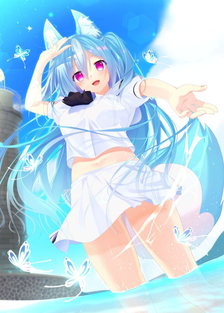 1girl, :d, animal_ear_fluff, animal_ears, arm_up, ascot, black_ascot, blue_butterfly