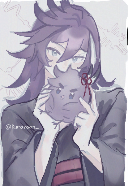 1boy, animal, banzoin_hakka, bird, feather_hair_ornament, feathers, grey_kimono, hair_ornament