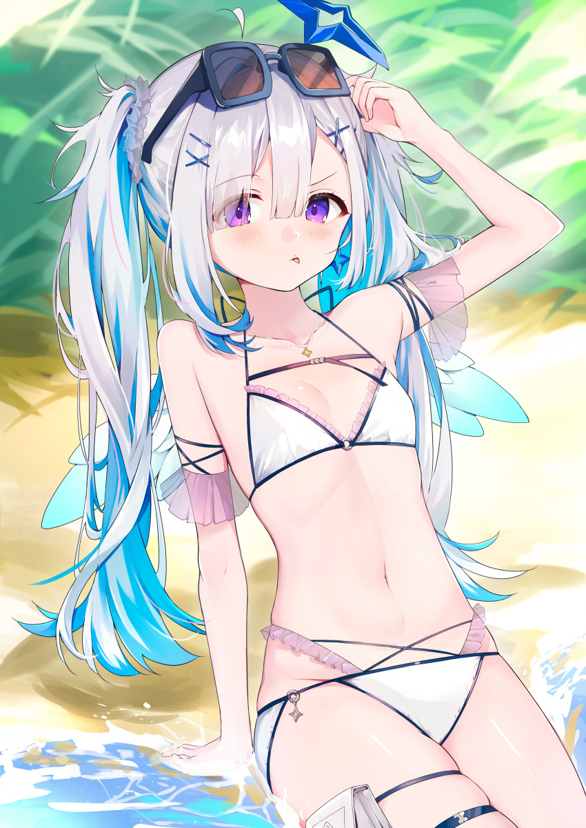 1girl, absurdres, amane_kanata, angel, angel_wings, bikini, blue_hair, colored_inner_hair