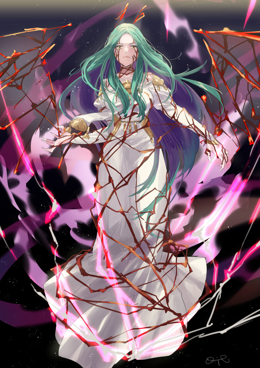 1girl, absurdres, closed_mouth, commission, dragon_wings, fire_emblem, fire_emblem:_three_houses, fire_emblem_heroes, full_body, green_hair, highres, jewelry, long_hair, looking_at_viewer, nintendo, o-mit, parted_bangs, rhea_(fire_emblem), skeb_commission, wings, yellow_eyes