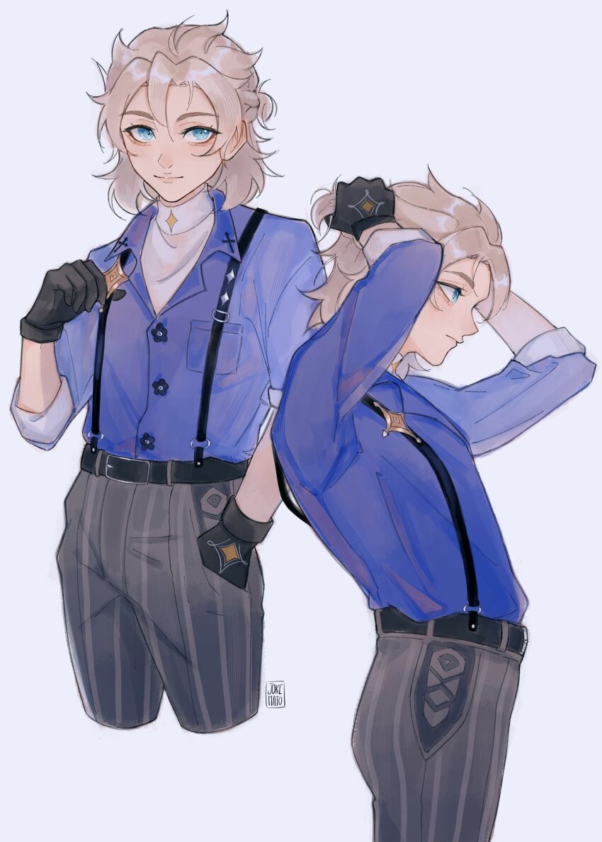 1boy, albedo_(genshin_impact), albedo_(m&amp;g)_(genshin_impact), black_gloves, black_pants, blue_jacket, genshin_impact, gloves