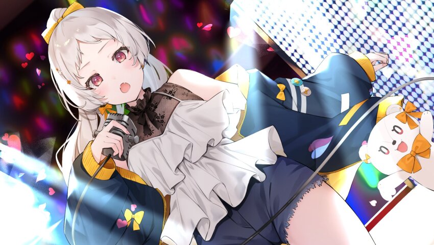 1girl, black_shirt, blue_jacket, blue_shorts, blush, camisole, cleavage, dutch_angle, fangs, frilled_camisole, frills, grey_hair, hanataba_yuiha, highres, holding, holding_microphone, indie_virtual_youtuber, izumi_kei, jacket, lace_shirt, long_hair, long_sleeves, looking_at_viewer, microphone, music, open_mouth, orange_jacket, parted_bangs, ponytail, red_eyes, see-through_clothes, see-through_cleavage, shirt, shorts, singing, single_bare_shoulder, solo, stage, stuffed_animal, stuffed_toy, teddy_bear, undershirt, virtual_youtuber
