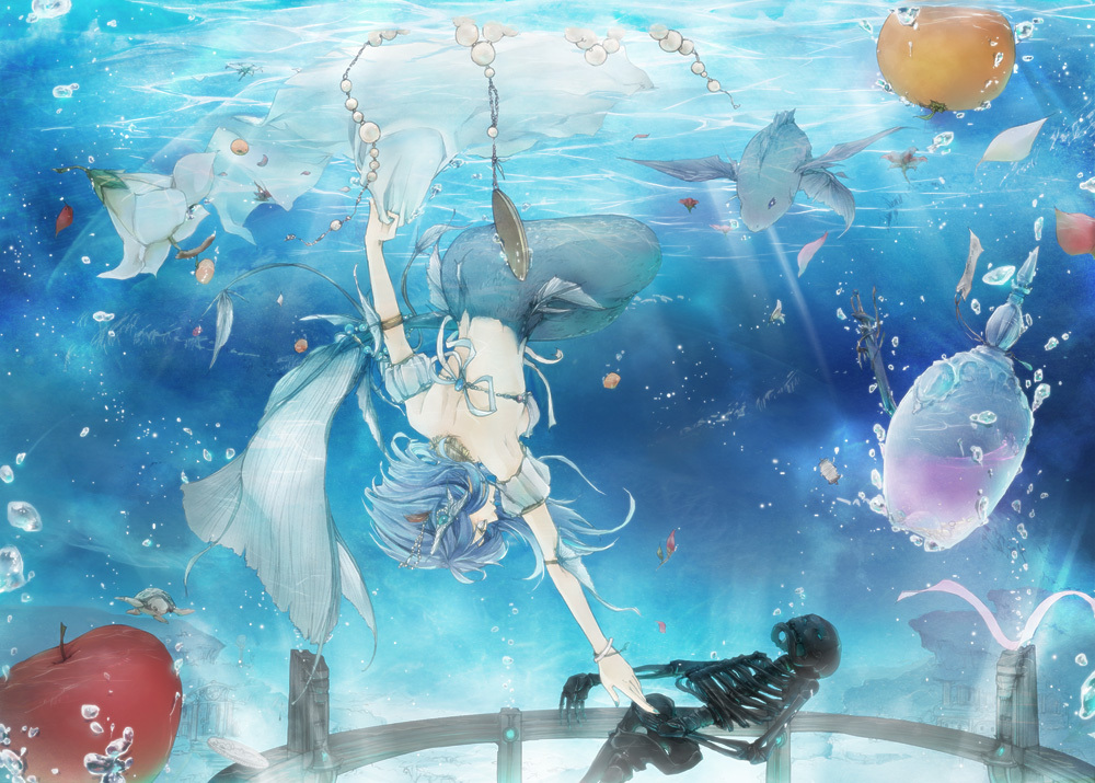 1girl, akemori, akemori_kiko, apple, armlet, back, bare_back, bare_shoulders, blue_hair, bottle, bracelet, breasts, bubble, caustics, choker, fish, flower, food, fruit, hair_ornament, jewelry, light_rays, lily_(flower), long_hair, medium_breasts, mermaid, monster_girl, original, outstretched_arm, perfume_bottle, persimmon, profile, reaching, ribbon, ruins, sideboob, skeleton, solo_focus, sunbeam, sunlight, turtle, underwater, upside-down