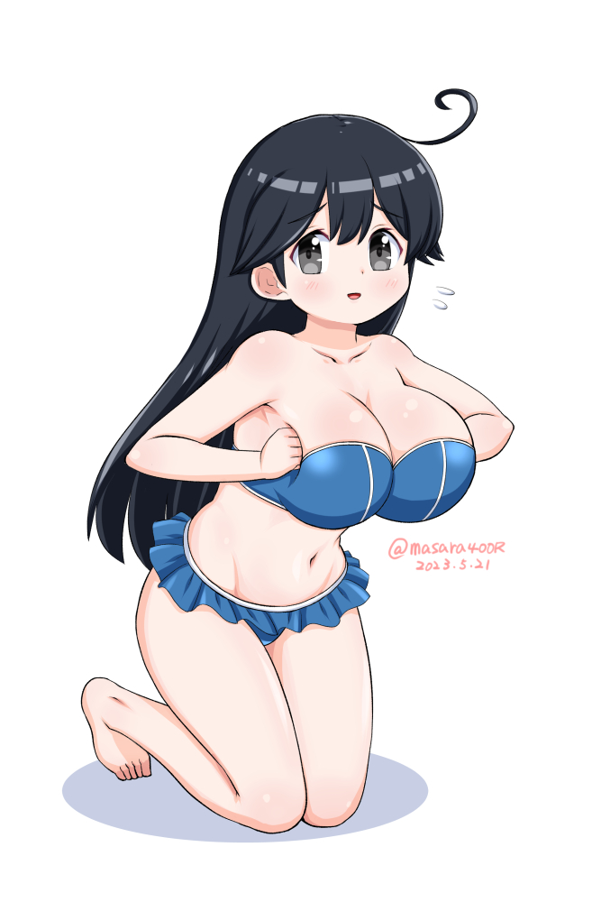 1girl, ahoge, barefoot, bikini, bikini_skirt, black_hair, blue_bikini, breasts