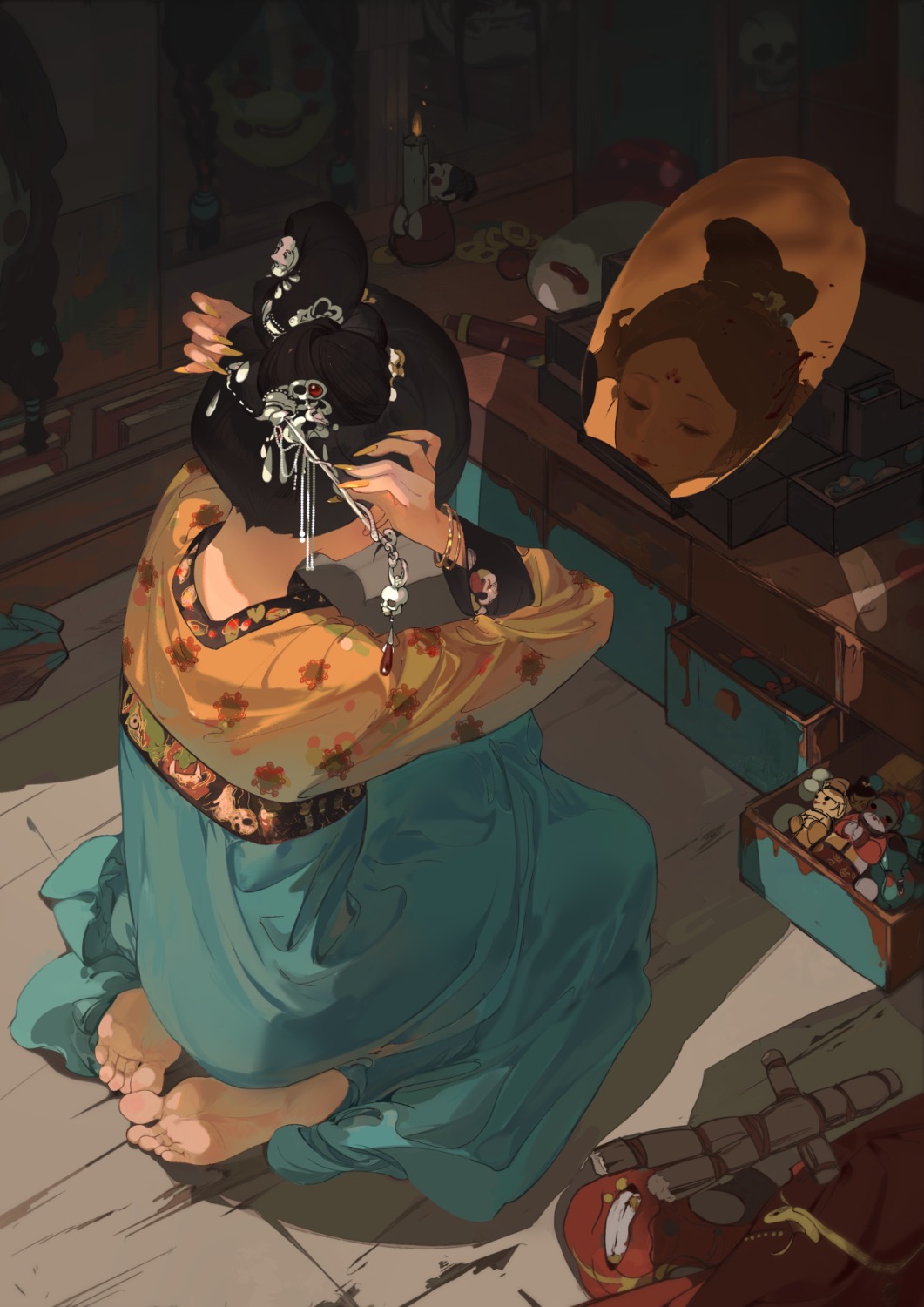 1girl, barefoot, blood, blood_splatter, book, bracelet, candle, candlestand, chinese_clothes, doll, drawer, facial_mark, feet, floral_print, forehead_mark, from_above, from_side, full_body, hair_bun, hair_ornament, hair_stick, half-closed_eyes, hands_up, hanfu, highres, indoors, jewelry, lipstick, makeup, mask, mirror, on_floor, original, putting_on_jewelry, qixiong_ruqun, red_lips, reflection, skull, skull_hair_ornament, soles, solo, straw_doll, table, toes, toy, unworn_mask, updo, vanity_table, weizhidaodao, wooden_floor