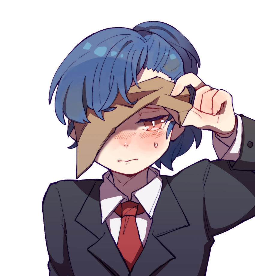 1girl, black_jacket, blue_hair, blush, bright_pupils, brown_eyes, chinese_commentary, closed_mouth