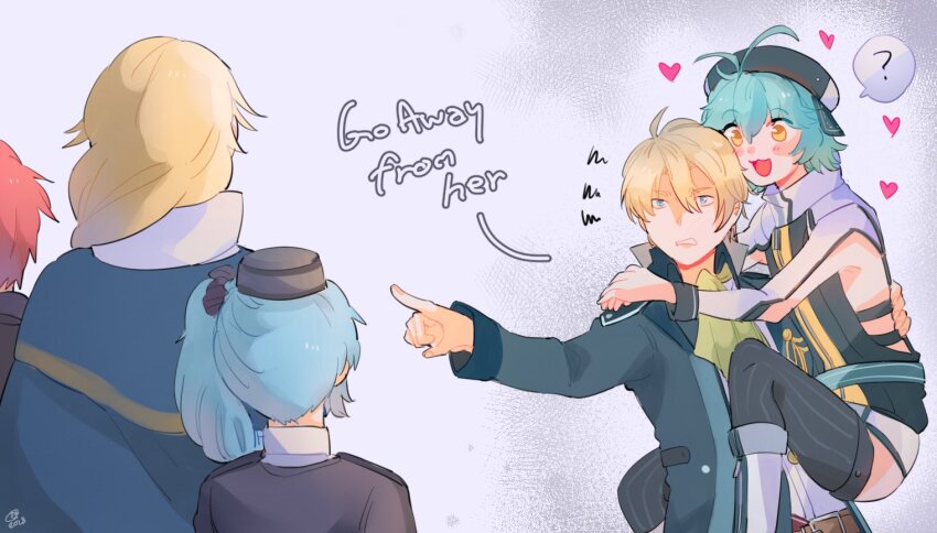 2girls, 3boys, ?, ahoge, blonde_hair, blue_hair, cape, carrying, carrying_person, claire_rieveldt, coat, commentary, eiyuu_densetsu, english_commentary, english_text, hat, heart, jusis_albarea, lechter_arundel, millium_orion, misa_fullmetal, multiple_boys, multiple_girls, pointing, pointing_at_another, ponytail, red_hair, rufus_albarea, sen_no_kiseki, sen_no_kiseki_(series), sen_no_kiseki_i, sen_no_kiseki_iii, short_hair, side_ponytail, smile, speech_bubble