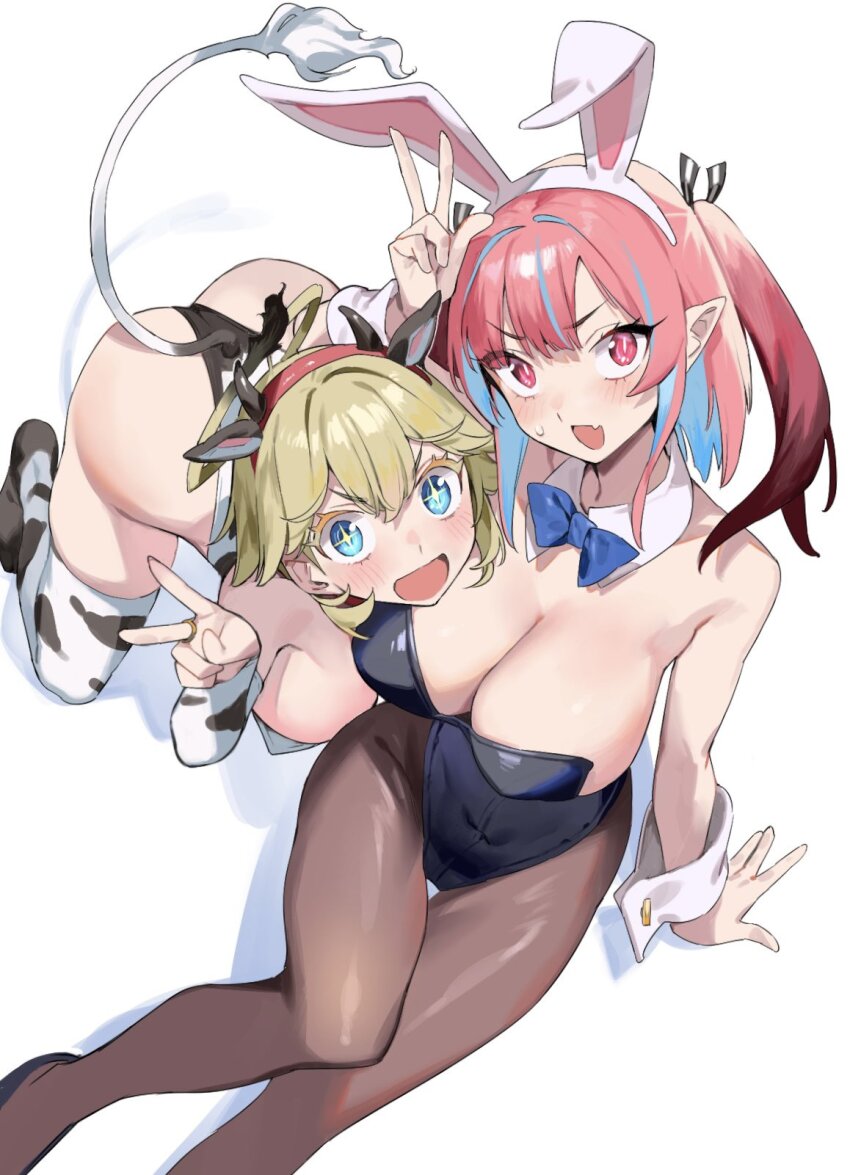 2girls, animal_ears, animal_print, ass, black_pantyhose, breasts, cow_horns, cow_print, cow_tail, detached_collar, double_v, fake_animal_ears, fake_tail, from_above, highres, horns, jeanne_(kanan-sama), kanan-sama_wa_akumade_choroi, kanan_(kanan-sama), large_breasts, multiple_girls, nonco, original, pantyhose, playboy_bunny, rabbit_ears, shadow, sweatdrop, tail, thighhighs, twintails, v
